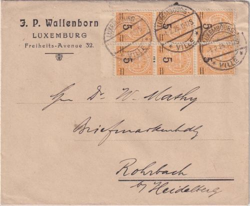 Luxemburg - 5/7 1/2 C. Wappen 6er-Block/UR Brief Luxembourg - Rohrbach 1925
