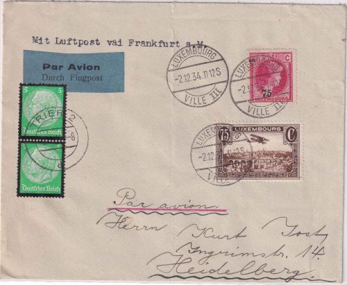 Luxemburg/DR - Luxembourg Ville 1934 Luftpostbrief + 2x5 Pfg. Hindenburg !