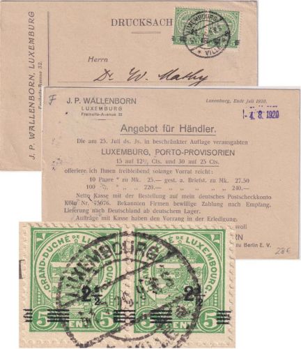 Luxemburg - 2 1/2 /5C. Wappen stark verschobener Aufdruck Drucksachenkarte 1920