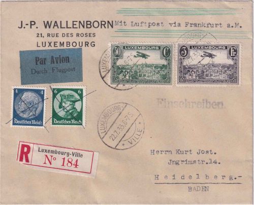 Luxemburg/DR - Luxembourg Ville 1934 Luftpost-R-Brief + DR-Luftpostgebühr