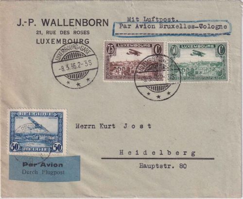 Luxemburg/Belgien - Luxembourg Ville 1936 Luftpostbrief + 50 C. belg. Zusatzfr.
