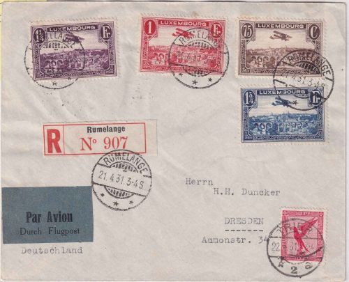 Luxemburg/DR - Rumelange 1931 Lupo-R-Brief + 10 Pfg. DR Luftpostgebühr