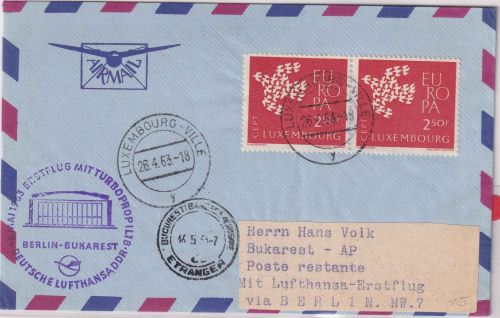 Luxemburg - DDR Lufthansa Erstflug Turboprop Berlin Bukarest 1963 Zuleitungspost