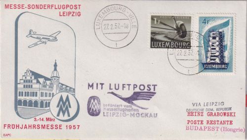 Luxemburg - DDR Lufthansa Messe-Sonderflug Leipzig Budapest 1957 Zuleitungspost
