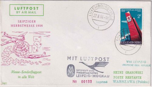 Luxemburg - DDR Lufthansa Messe-Sonderflug Leipzig Warschau 1956 Zuleitungspost