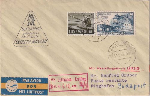 Luxemburg - DDR Lufthansa Messe-Sonderflug Leipzig Budapest 1957 Zuleitungspost