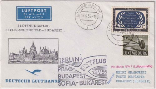 Luxemburg - DDR Lufthansa Erstflug Berlin Budapest 1956 Zuleitungspost