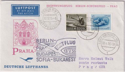 Luxemburg - DDR Lufthansa Erstflug Berlin Prag 1956 Zuleitungspost