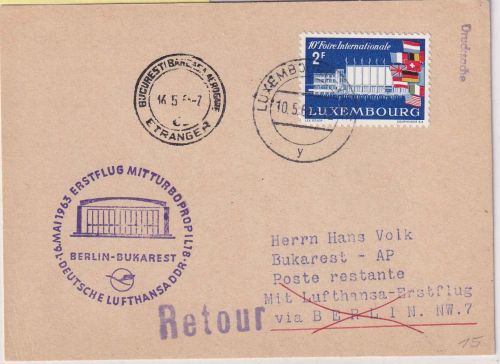 Luxemburg - DDR Lufthansa Erstflug Berlin Bukarest 1963 Zuleitungspost