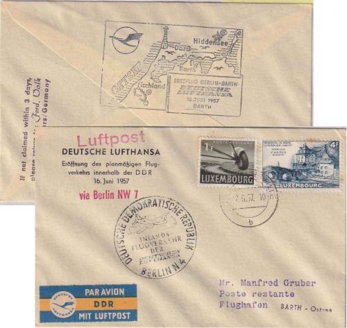 Luxemburg - DDR Lufthansa Erstflug Berlin - Barth 1957 Zuleitungspost