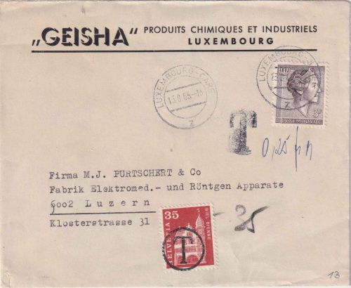 Luxemburg - 3 Fr. Charlotte Brief i.d. SCHWEIZ Luxembourg Gare - Luzern 1965