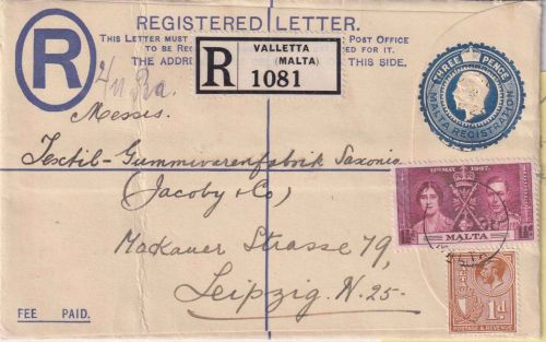 Malta - 3 P. Ganzsache/Einschreribebrief Valletta - Leipzig 1937