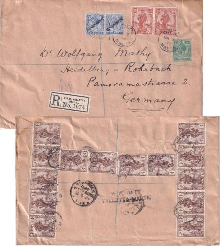 Malta - 2x2 1/2 P. /Self-Gouvernment ua Einschreibebrief Valletta Rohrbach 1924