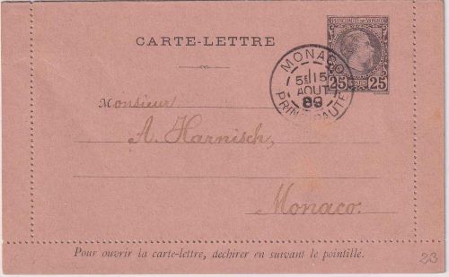 Monaco - 25 C. Charles III. Ganzsache/Kartenbrief gestpl. 1889
