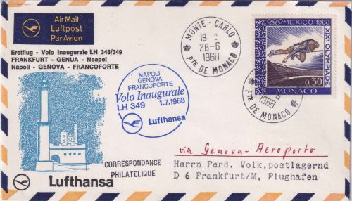 Monaco - Lufthansa Erstflug Genua Frankfurt a/M Zuleitungspost 1968