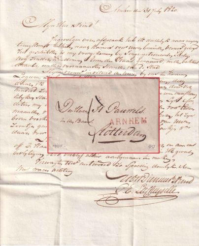 Niederlande - Arnheim roter L1 Brief n. Rotterdam 1820 - mit Inhalt