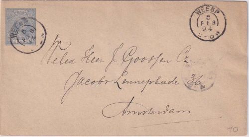 Niederlande - 5 C. Wilhelmine Ganzsache/Brief K2 Weesp - Amsterdam 1894