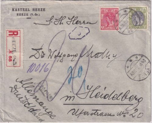 Niederlande - 20+5 C. Wilhelmine Einschreibebrief Heeze - Heidelberg 1920