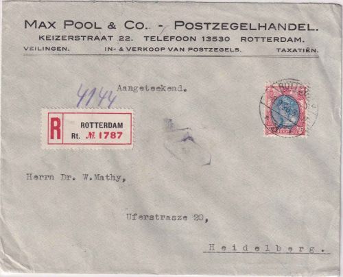 Niederlande - 25 C. Wilhelmine Einschreibebrief Rotterdam - Heidelberg 1920