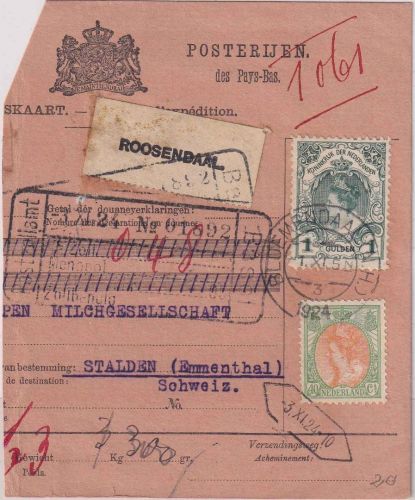 Niederlande - 1 Gld. + 40 C. Wilhelmine Paketkarte i.d. SCHWEIZ Bloemendaal 1924