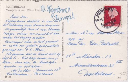 Niederlande - 15 C Juliana Karte (Amsterdam) München Nachträglich entwertet 1957