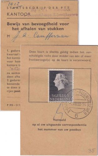 Niederlande - 5 Gld. Juliana Postausweiskarte s'Gravenhage-Rijswijkseweg 1960