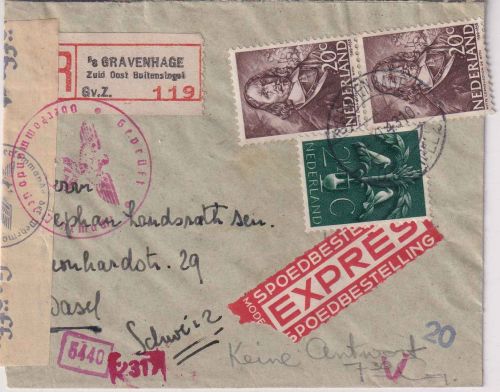 Niederlande - 2x20+2 1/2 C. Freimarken Eil-Einschreibebrief i.d. SCHWEIZ 1943
