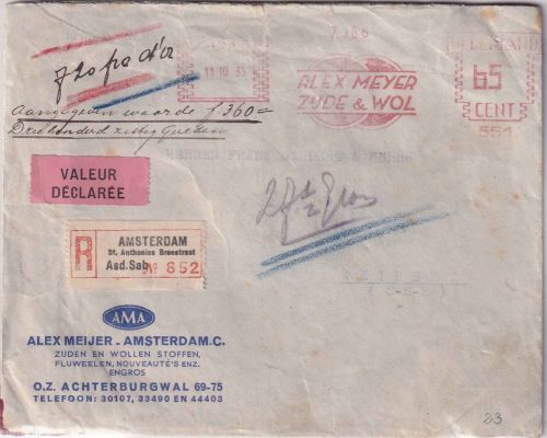 Niederlande - 65 C. AFS "Meyer Zude & Wol" Wertbrief n TSCHECHIEN Amsterdam 1935