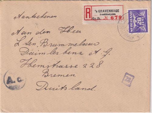Niederlande - 20 C. Einschreibebrief s'Gravenhage - Bremen 1943 Zwangsarbeiter !