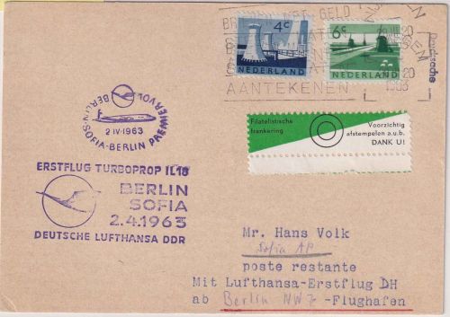 Niederlande - DDR-Lufthansa Erstflug Berlin/Sofia Zuleitungspost 1963
