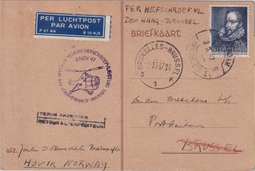 Niederlande - Helikopterpost Karte Den Haag/Brüssel Zuleitung Amsterdam 1947