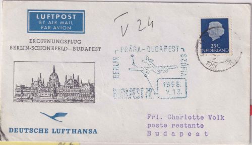 Niederlande - DDR-Lufthansa Erstflug Berlin/Prag/Budapest Zuleitungspost 1956