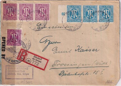 AM-Post - 3x20+4x12 Pfg. dt. Druck Einschreibebrief Ebstorf - Trossingen 11.5.46
