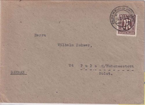 AM-Post - 24 Pfg. dt. Druck Brief Oldenurg - Puls ü. Hohenwestedt 8.3.46