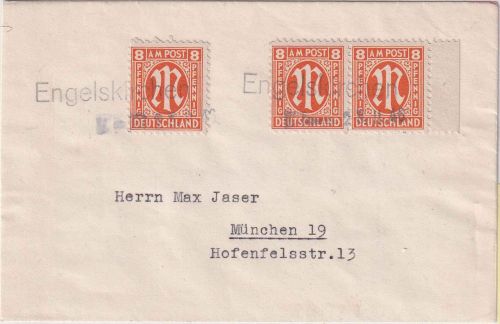 AM-Post - 3x8 Pfg. amrik. Druck Brief Notstempel L2 Engelskirchen 25.11.46