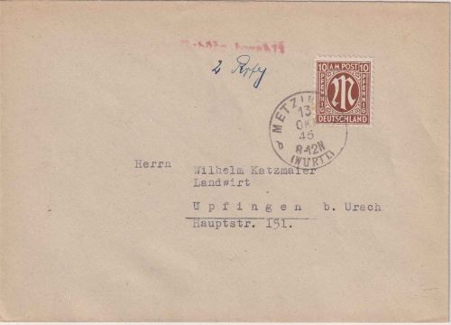 AM-Post - 10 Pfg. amerik. Druck + L1 Gebühr bezahlt Brief Metzingen 13. OKT 45
