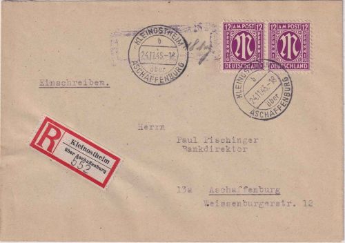 AM-Post - 2x12 Pfg. amerik. Druck + bar "18 Pfg." Einschreibebrief 24.11.45