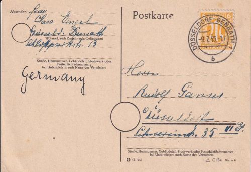 AM-Post - 6 Pfg. amerik. Druck Ortskarte Düsseldorf-Benrath 9.7.45