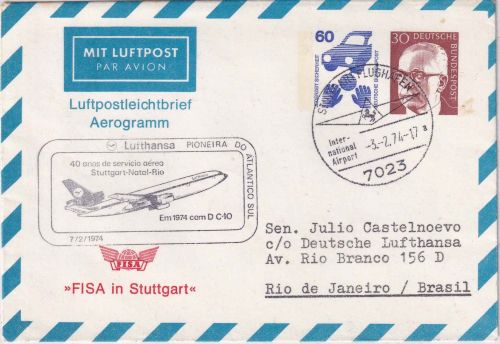 BRD - 30+60 Pfg. Privatganzsache/Aerogramme LH-Sonderflug n. BRASILIEN 1974