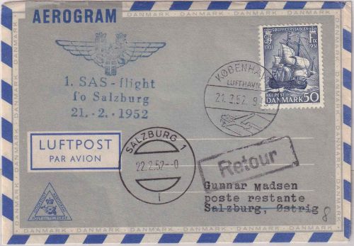 Dänemark - SAS Erstflug Kopenhagen/Salzburg Aerogramme 1952
