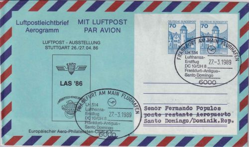 BRD - 70+70 Pfg. Privatganzsache/Aerogramme LH-Erstflug n. St. Domingo 1989