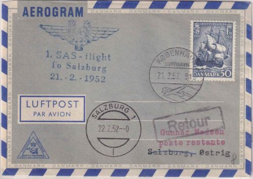 Dänemark - SAS Erstflug Kopenhagen/Salzburg Aerogramme 1952