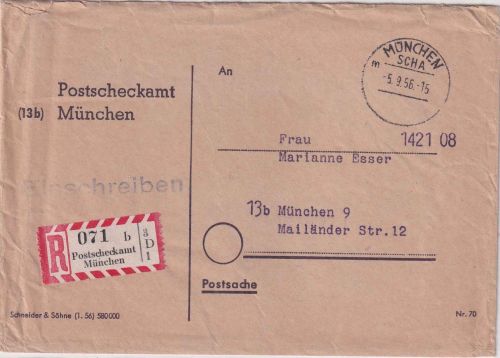 BRD - München SCHA 1956 portofreier Orts-Einschreibebrief/Postsache