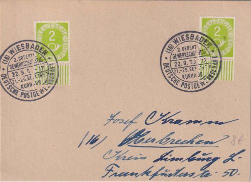 BRD - Wiesbaden 1953 SST 2. Ordentl. Gewerkschaftstag Dt. Postgewerkschaft