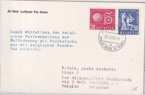 Schweiz/BIT - Postkutschen-Post Verviers/Liege Zuleitungspost 1982