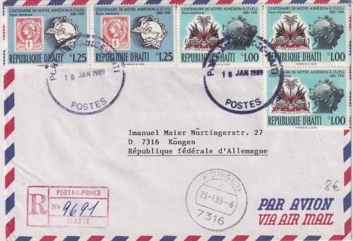 Haiti - 3x1 + 2x1,25 G. 100 J. UPU-Mitglied Lupo-Einschreibebrief Port au Prince