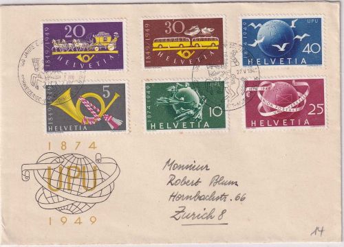 Schweiz - 75 J. UPU + 100 J. Eidgen. Post 2 Sätze/Schmuckkuvert Bern 27.5.1949