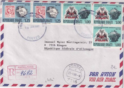 Haiti - 3x1 + 2x1,25 G. 100 J. UPU-Mitglied Lupo-Einschreibebrief Port au Prince