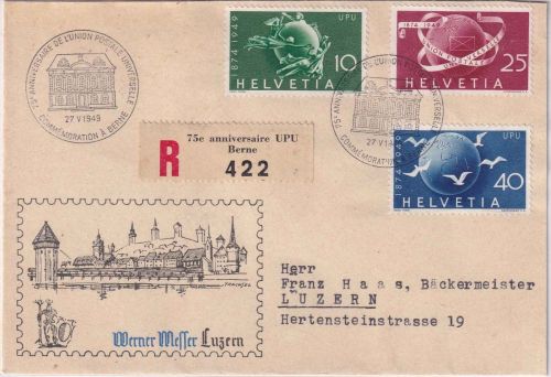Schweiz - 75 J. Weltpostverein Einschreiben/Schmuckbrief SST Bern 27.5.49