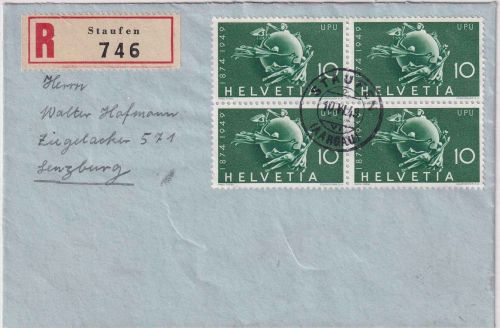 Schweiz - 10 Rp. 75 J. Weltpostverein 4er-Block Einschreibebrief Staufen 1949